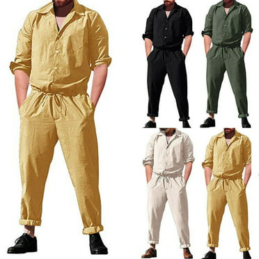 Men Long Sleeve Solid Coverall One Piece Jumpsuits Cotton Pants Trouser Romper